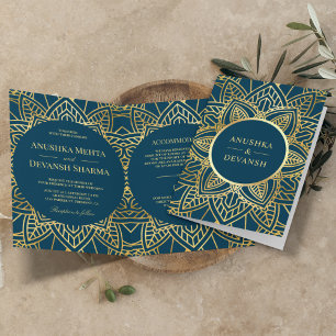 Blue and Gold Ethnic Mandala Indian Wedding Einladung