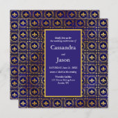 Blue and Gold Fleur-de-lis Wedding Einladung (Vorne/Hinten)