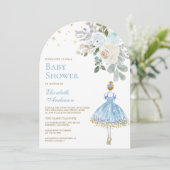 Blue and Gold Floral Ballerina Arch Baby Dusche Einladung (Stehend Vorderseite)