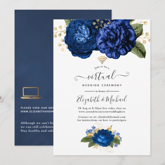 Blue and Gold Floral Online Virtual Wedding Einladung (Vorne/Hinten)