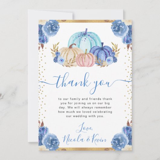 Blue and Gold Floral Pumpkins Hochzeit im Herbst Dankeskarte (Vorderseite)