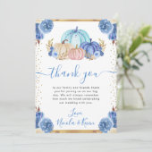 Blue and Gold Floral Pumpkins Hochzeit im Herbst Dankeskarte (Stehend Vorderseite)