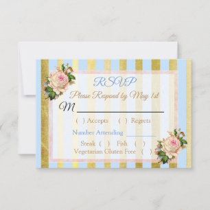 Blue and Gold Floral Striped Wedding RSVP Karte