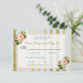 Blue and Gold Floral Striped Wedding RSVP Karte (Stehend Vorderseite)