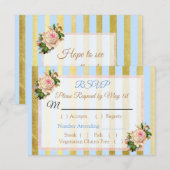 Blue and Gold Floral Striped Wedding RSVP Karte (Vorne/Hinten)