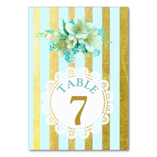 Blue and Gold Floral Wedding Tischnummer Card (Rückseite)