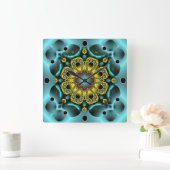 Blue and Gold Flower and Butterflies Quadratische Wanduhr (Zuhause)