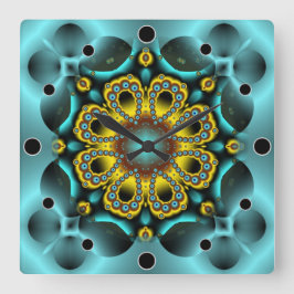 Blue and Gold Flower and Butterflies Quadratische Wanduhr