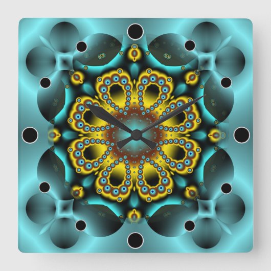 Blue and Gold Flower and Butterflies Quadratische Wanduhr (Vorderseite)