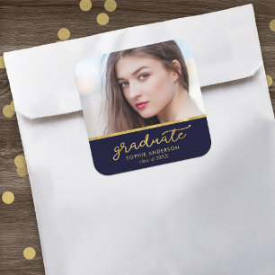 Blue and Gold Foto Graduate Abschluss Quadratischer Aufkleber
