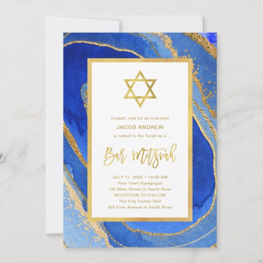 Blue and Gold Geode | Star von David Bar Mitzvah Einladung (Vorderseite)