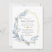 Blue and Gold Geometric Eucalyptus Baby Shower Einladung (Vorderseite)