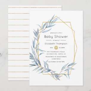 Blue and Gold Geometric Eucalyptus Baby Shower Einladung