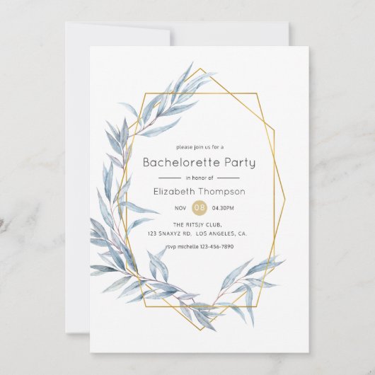 Blue and Gold Geometric Eucalyptus Bachelorette Einladung (Vorderseite)