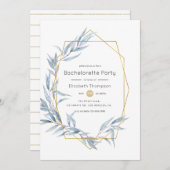 Blue and Gold Geometric Eucalyptus Bachelorette Einladung (Vorne/Hinten)
