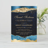 Blue and Gold Glam Tears 16 . Geburtstag Einladung (Stehend Vorderseite)
