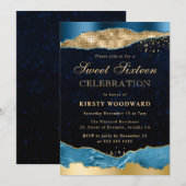 Blue and Gold Glam Tears 16 . Geburtstag Einladung (Vorne/Hinten)