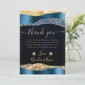 Blue and Gold Glam Tears Bokeh Wedding Dankeskarte (Stehend Vorderseite)