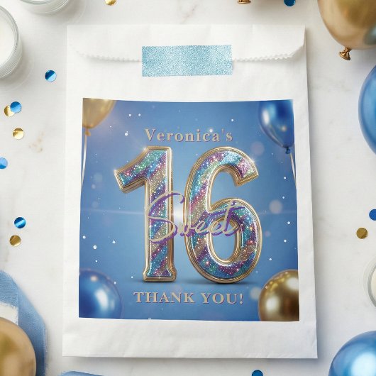 Blue and Gold Glitter Balloons Sweet 16 Thank You Geschenktütchen