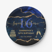 Blue and Gold Glitzer Agate Marble Sweet 16 Pappteller (Vorderseite)