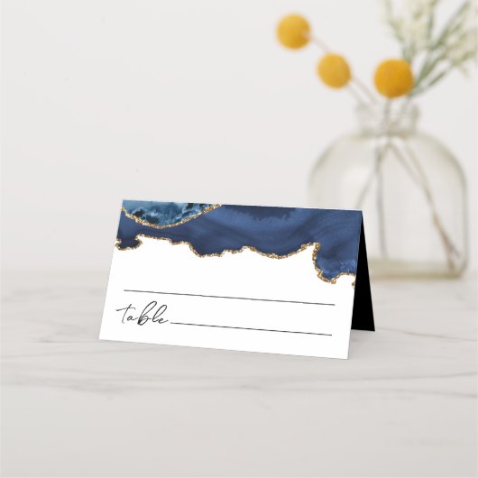 Blue and Gold Glitzer Agate Wedding Platzkarte (Rückseite)