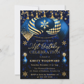 Blue and Gold Glitzer Baubles 21. Geburtstag Einladung