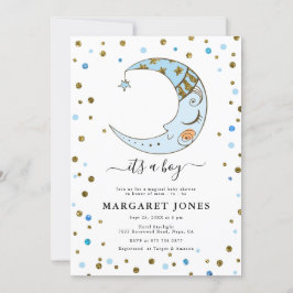Blue and Gold Glitzer Confetti Moon Babydusche Einladung