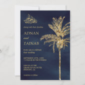 Blue and Gold Glitzer Date Palm Muslim Wedding Einladung (Vorderseite)