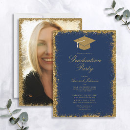Blue and Gold Glitzer Foto Graduation Party Einladung
