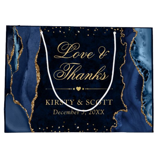 Blue and Gold Glitzer Marble Agate Wedding Große Geschenktüte (Rückseite)