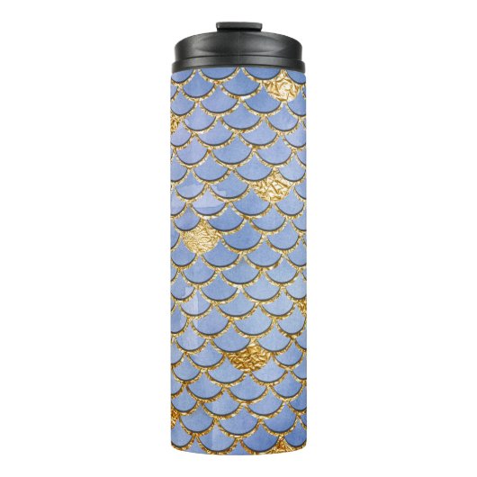 Blue and Gold Glitzer Mermaid Scales Thermosbecher (Vorderseite)