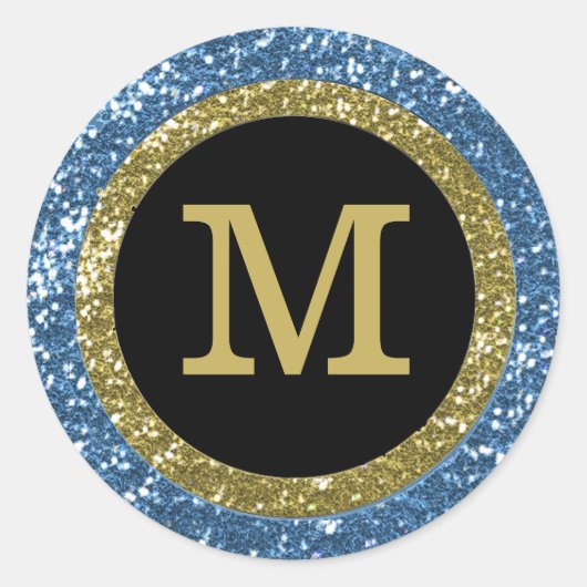 Blue and Gold Glitzer Mit Monogramm Runder Aufkleber (Vorderseite)
