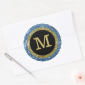 Blue and Gold Glitzer Mit Monogramm Runder Aufkleber (Umschlag)