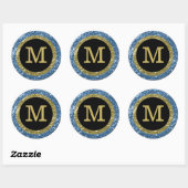 Blue and Gold Glitzer Mit Monogramm Runder Aufkleber (Blatt)