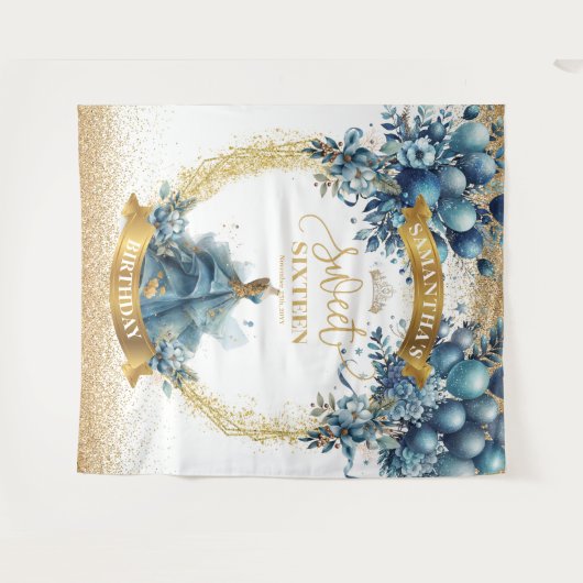 Blue and Gold Glitzer Sweet 16 Party Hintergrund Wandteppich (Vorderseite (Horizontal))