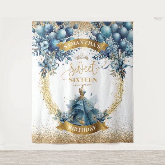 Blue and Gold Glitzer Sweet 16 Party Hintergrund Wandteppich (Vorderseite)