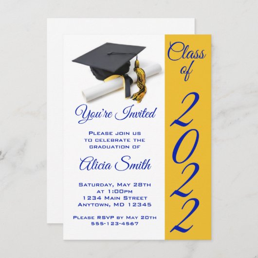 Blue and Gold Graduation Cap and Tassel Einladung (Vorne/Hinten)