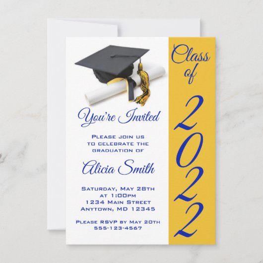 Blue and Gold Graduation Cap and Tassel Einladung (Vorderseite)