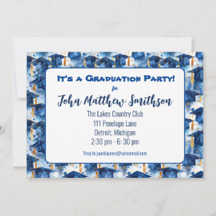 Blue and Gold Graduation Cap Party Einladungen