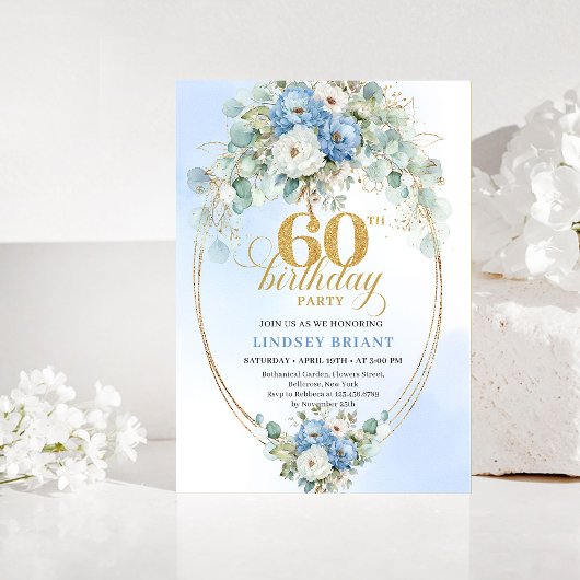 Blue and Gold Greenery 60th Birthday Invitation Einladung