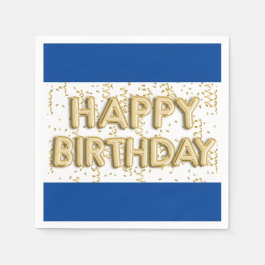 Blue and Gold Happy Birthday Paper Napkin Serviette (Vorderseite)