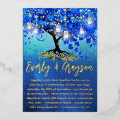 Blue and Gold Heart Leaf Tree Gold Hochzeit Folieneinladung (Vorderseite)