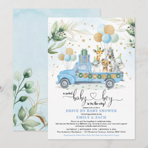 Blue and Gold Jungle Safari Thru Baby Showroom Einladung
