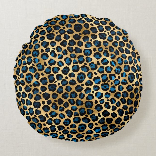 Blue and Gold Leopard Serie Design 4 Rundes Kissen (Vorderseite)