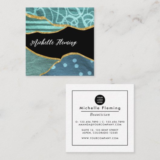 Blue and Gold Linen Fabric Denim Square Business S Quadratische Visitenkarte (Vorne/Hinten)