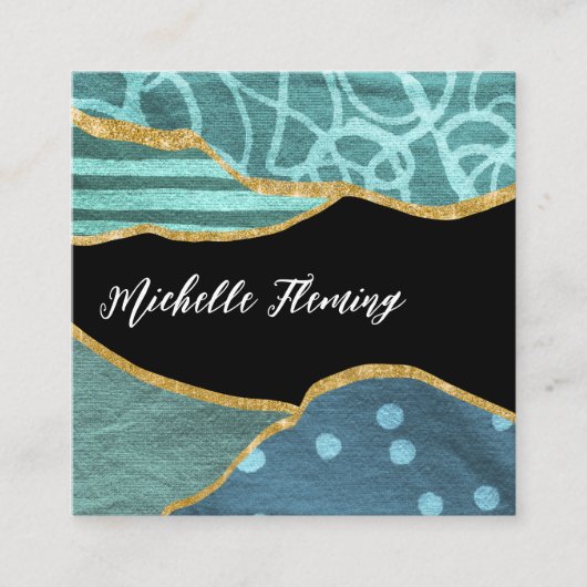 Blue and Gold Linen Fabric Denim Square Business S Quadratische Visitenkarte (Vorderseite)
