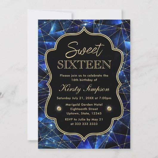 Blue and Gold Midnight Crystal Galaxy Sweet 16 Einladung (Vorderseite)