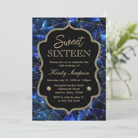 Blue and Gold Midnight Crystal Galaxy Sweet 16 Einladung (Stehend Vorderseite)