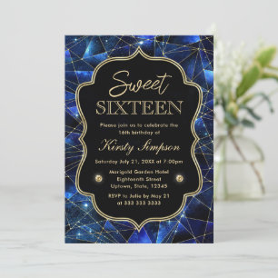 Blue and Gold Midnight Crystal Galaxy Sweet 16 Einladung