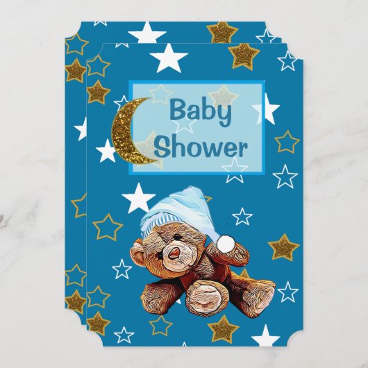 Blue and Gold Moon and Stars Kinderdusche lädt ein Einladung (Vorne/Hinten)